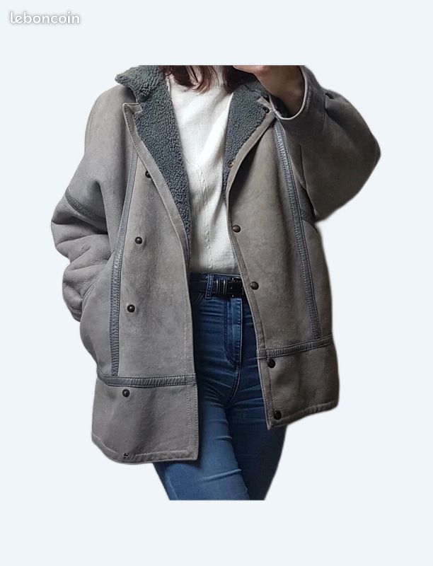 Manteau shearling bombardier fourré mouton oversize gris vintage