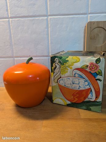 Seau à Glace Vintage Pomme Orange - Années 70 - Plastique Orange Avec Couvercle - TBE
