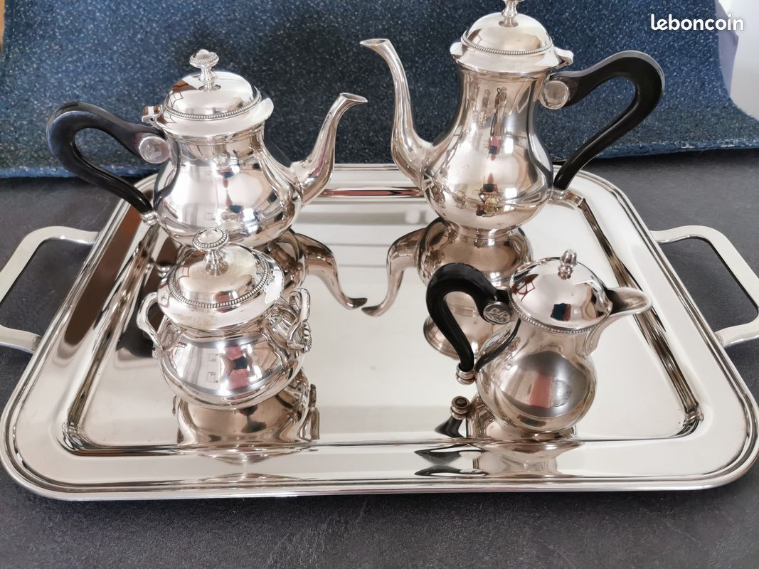 Service à Café Et Thé Complet - Métal Argenté - Motif Perles - 1850-1899