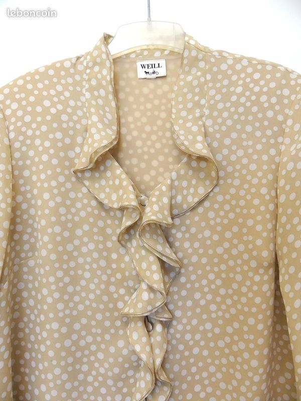 Chemisier WEILL Élégant - Beige à Pois - Volants - Taille 44 - Occasion Parfait État