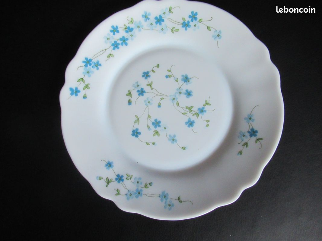 Ensemble de 8 assiettes à dessert vintage ARCOPAL motif VERONICA MYOSOTIS TBE - Arts de la table