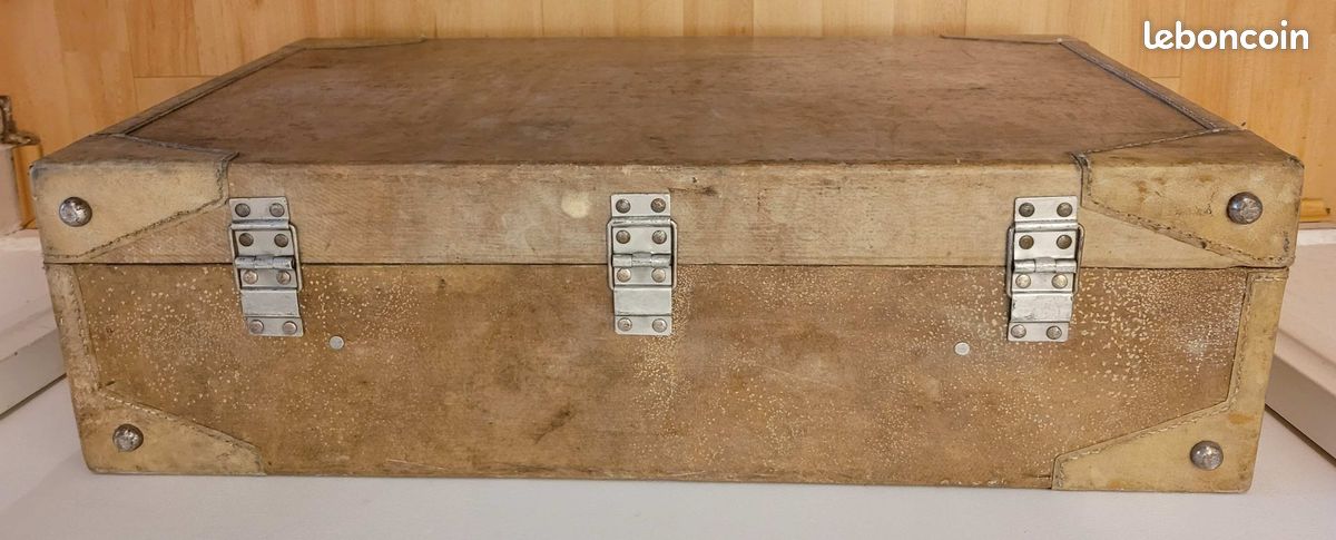 ANCIENNE GRANDE VALISE en bois recouverte de peau de porc, vintage EUR