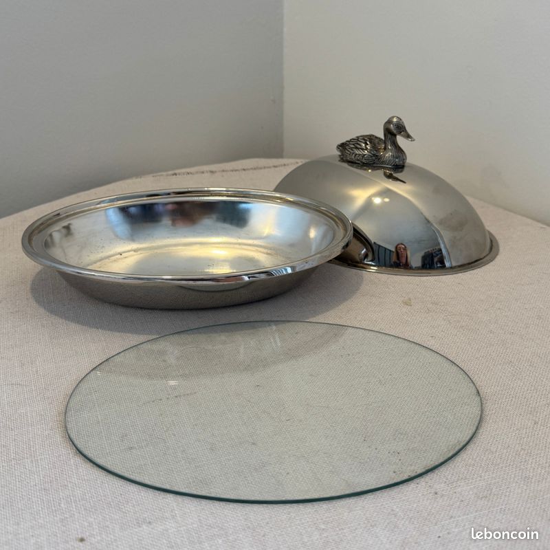 Plat à Foie Gras En Métal Argenté Avec Plateau Verre Et Couteau – Vintage, Service
