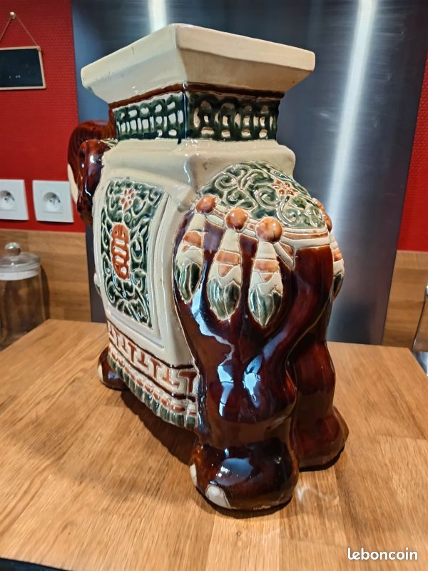 Grand éléphant céramique porte plante guéridon support bohème colonial exotique indien (image 15)