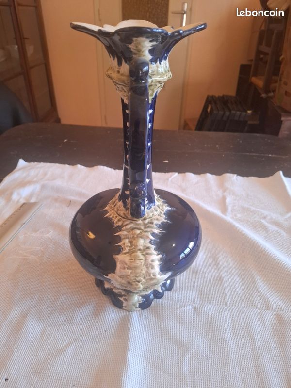 Vase Ancien Barbotine Bleu Cobalt & Email Relief - 35cm (image 5)