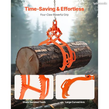 Pince Acier 1000kg Pince Forestière VEVOR Pour Troncs - Capacité 1000 Kg, 4 Griffes Acier | Pour Tracteur, VTT, Chariot élévateur Levage Bûches VTT