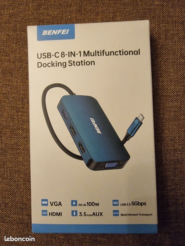Hub USB-C BENFEI 8-en-1 - Triple Écran HDMI/VGA, USB 3.0, Charge 100W