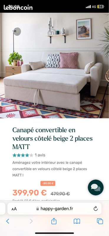 Canapé Convertible 2 Places MATT Velours Côtelé Beige HAPPY GARDEN Neuf