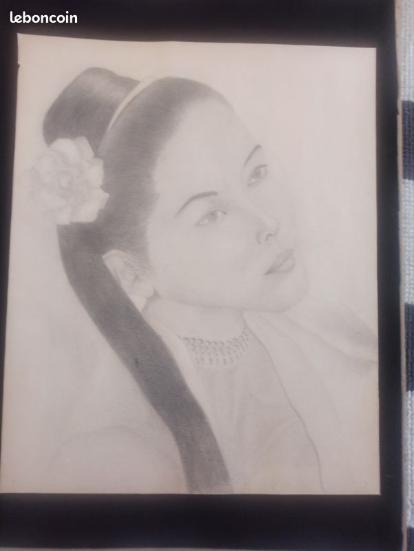 Dessin ancien au crayon - Portrait de femme asiatique (image 2)