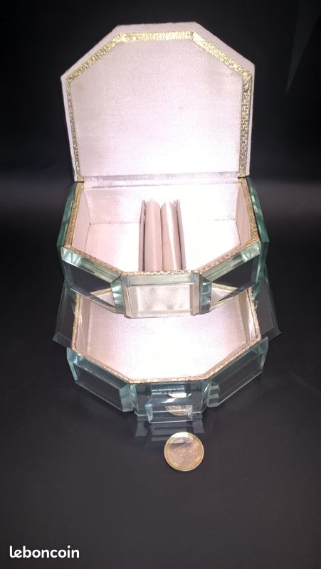 Boîte à Bijoux Ancienne Avec Miroir En Verre Taillé & Biseauté + Tiroir - Vintage
