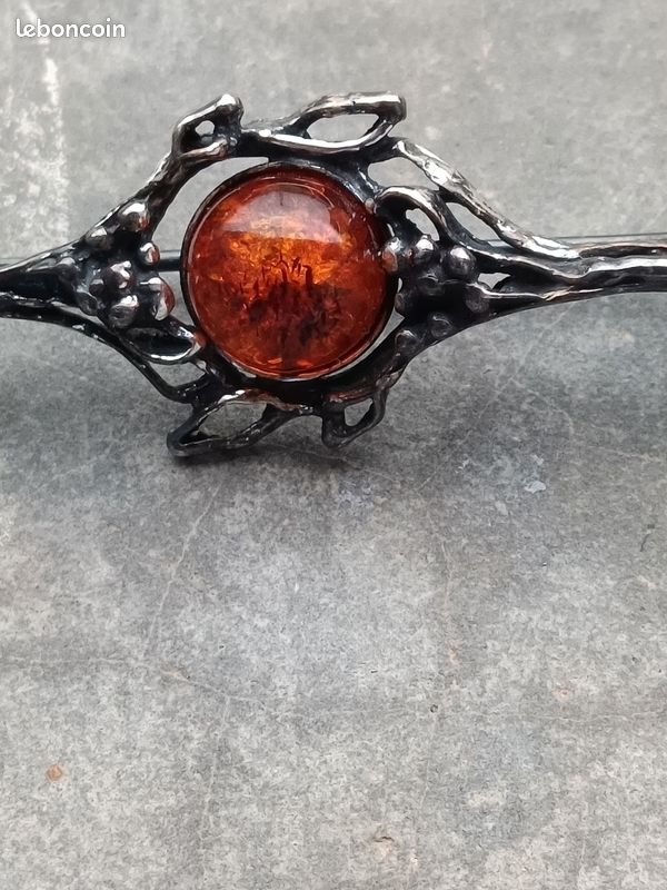 Belle Broche Vintage En Argent Et Ambre, Ornée De 3 Roses - Occasion En Très Bon état