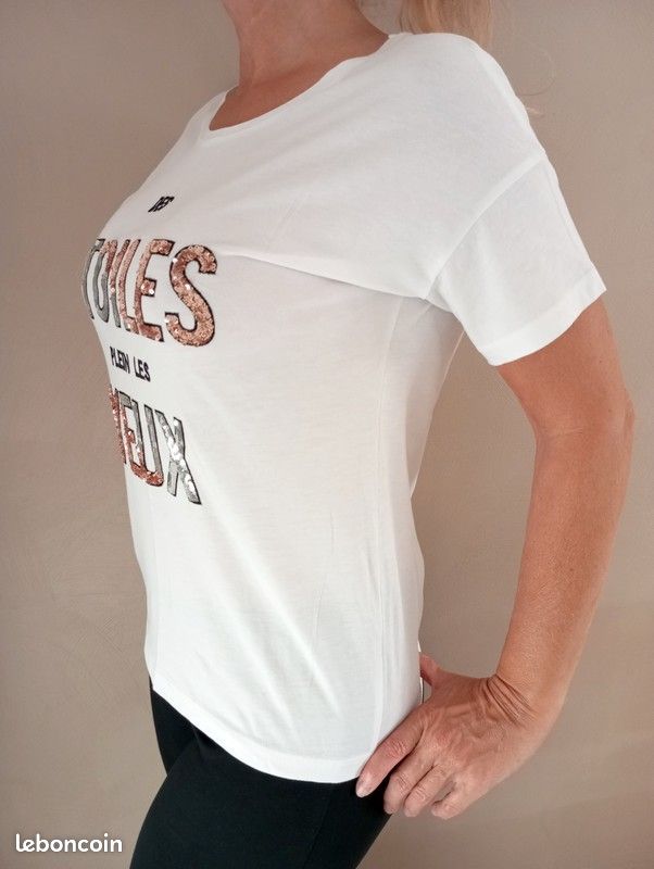 femme blanc avec inscription en sequins Camaïeu Taille