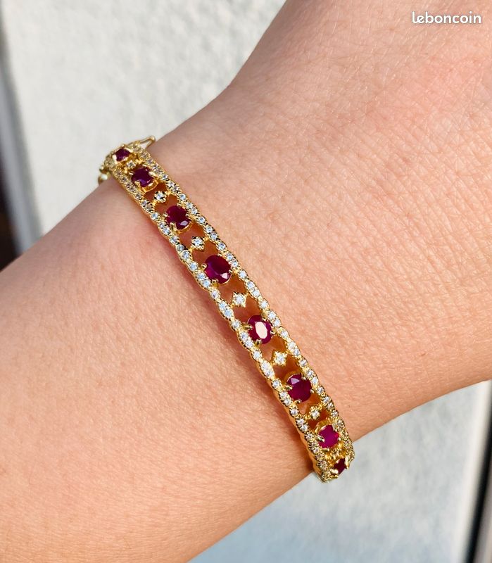 Luxe accessible au quotidien : Bracelet jonc en argent massif 925 plaqué or et #rubis naturels (Certificat) (image 6)