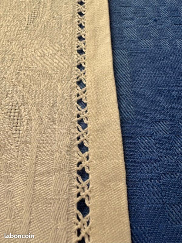 Nappe vintage en coton métis damassé 130x150 décor fleuri monogramme médaillon BV + 10 serviettes *M