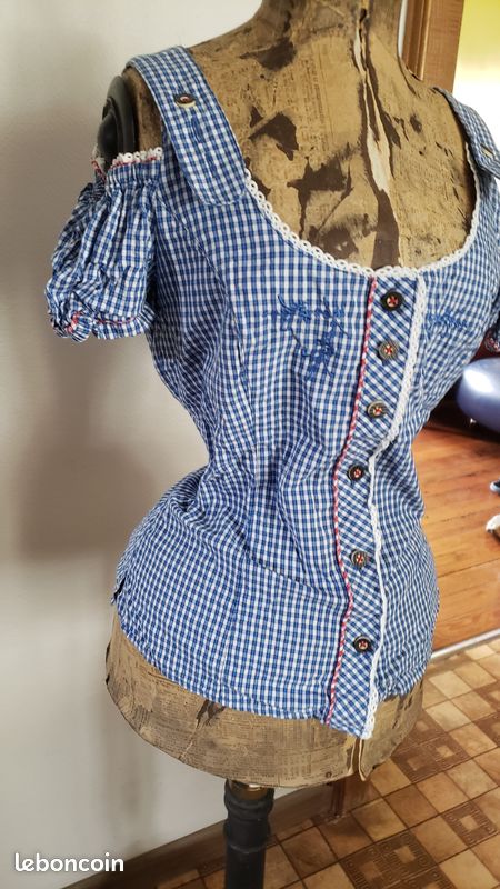 Chemisier à Manches Courtes Pour Femme Rouge Bavaroise Oktoberfest Avec Bordure En Dentelle à Carreaux Et Col En U, Manches Courtes, Parfait Pour Les