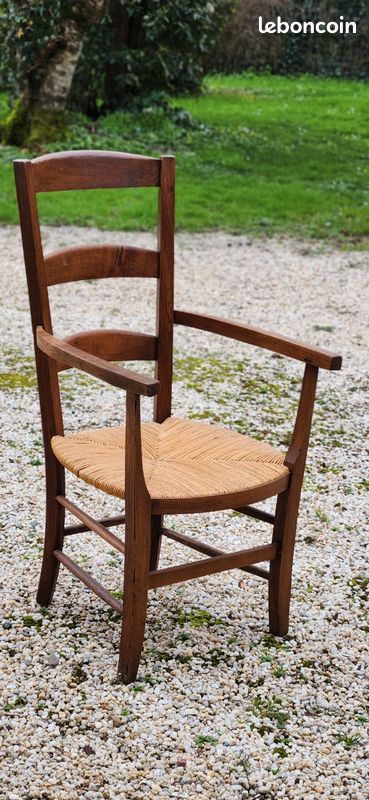 Fauteuil rustique ancien en bois massif et paille de seigle – Style Campagne chic (image 1)