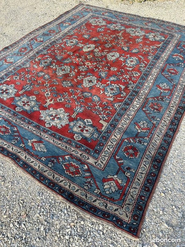 Tapis Persan Heriz Vintage En Pure Laine Rouge Usée Au Soleil, Noué à La Main Propre