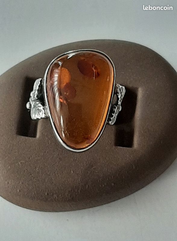 Bague Ancienne En Argent Sterling Avec Ambre Orange, Taille 53-54