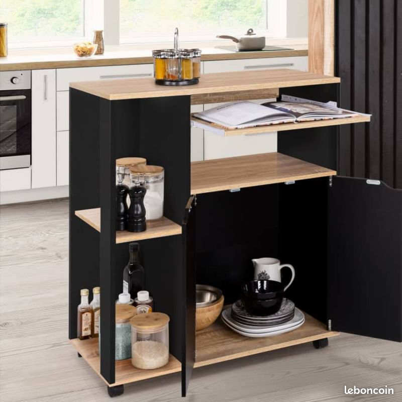 Meuble Desserte Rangement Cuisine Ilot Central Design Industriel Bois Noir (image 4)