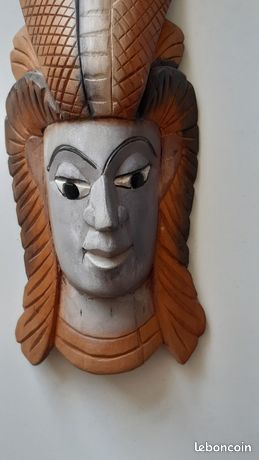 MASQUE MURAL EN Bois Exotique Du Sri Lanka (CEYLAN) Peint Et Fait Main