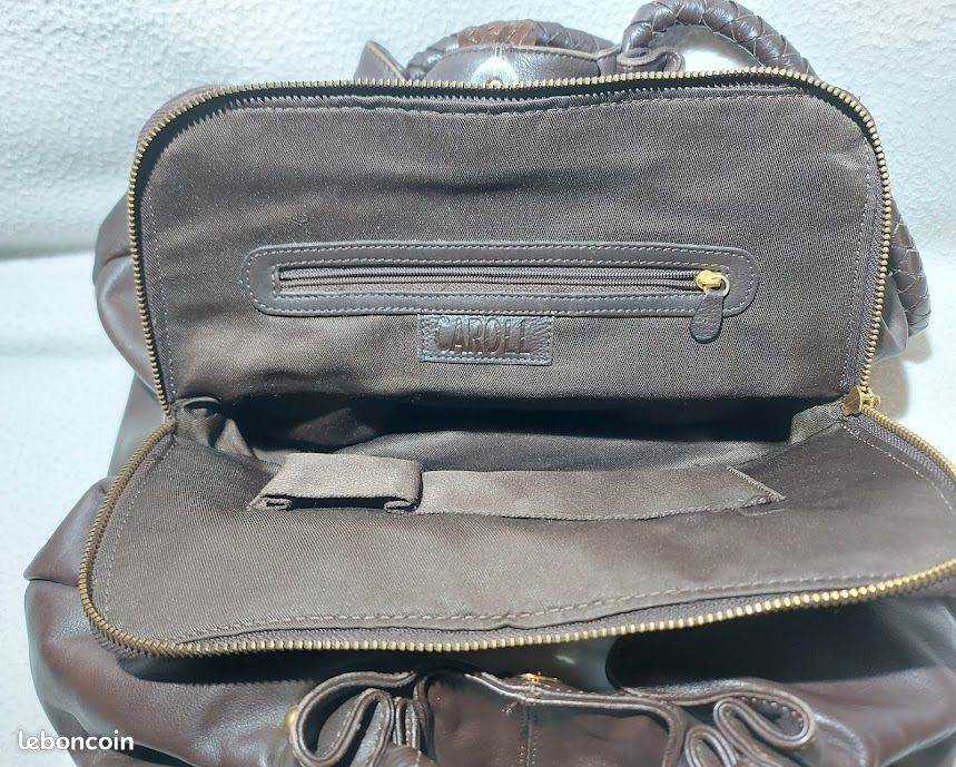 Caroll Sac à Main Cuir de Vachette Grainé Anses & Rabat Tréssé Marron Foncé Hauteur 26 cm Vintage (image 8)