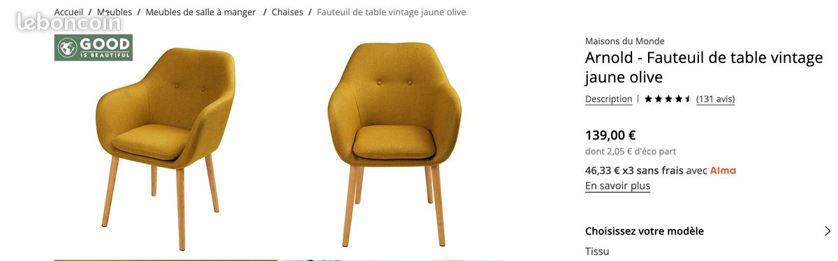 Chaise / Fauteuil de table vintage jaune olive (Maison Du Monde 139,00 ) (image 1)