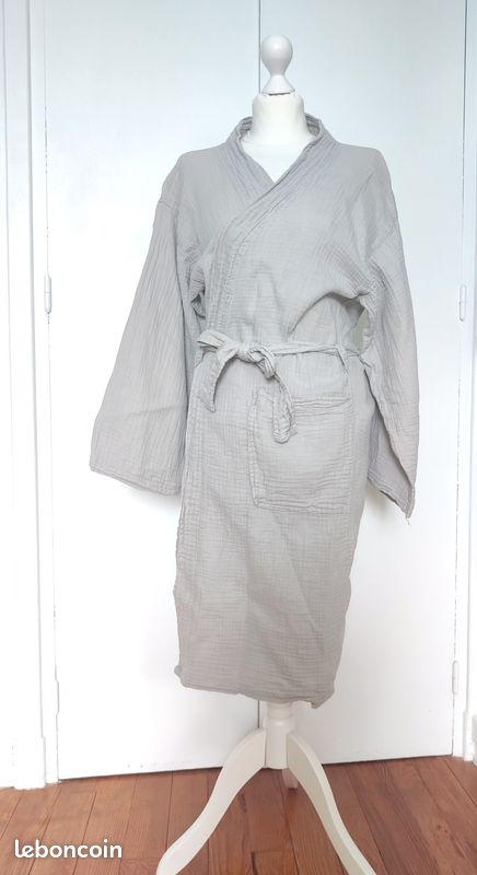 💛 Peignoir coupe kimono mixte en gaze de coton - gris taupe - taille L/XL 💛 (image 3)
