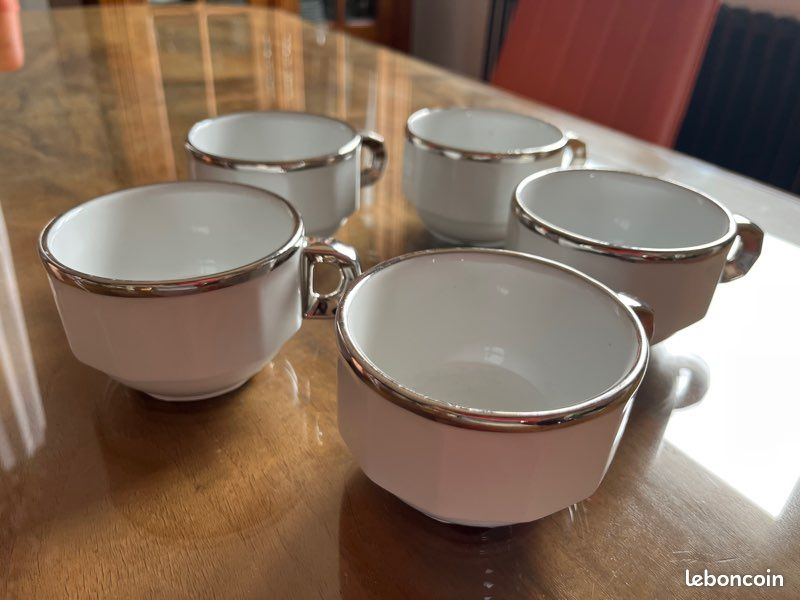 Lot de 5 tasses à thé porcelaine blanche liseré platine modèle Flora Pillivuyt 9 cm vintage LAB (image 1)