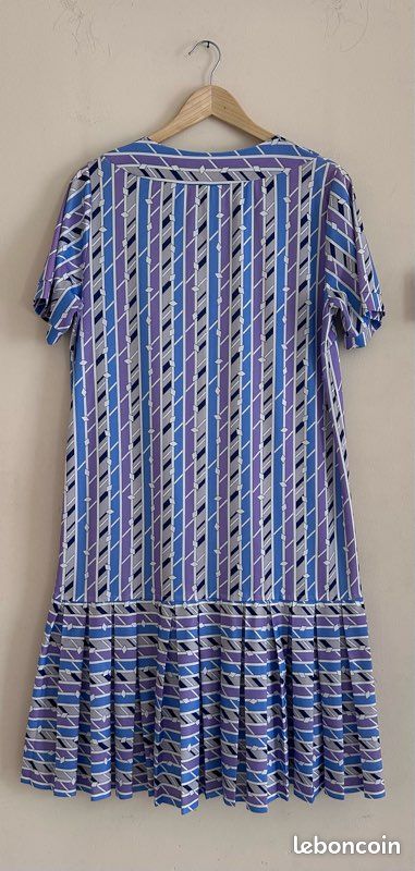 Robe vintage plissée Made in France Motif géométrique violet & bleu Taille 3 (42/44) (image 8)