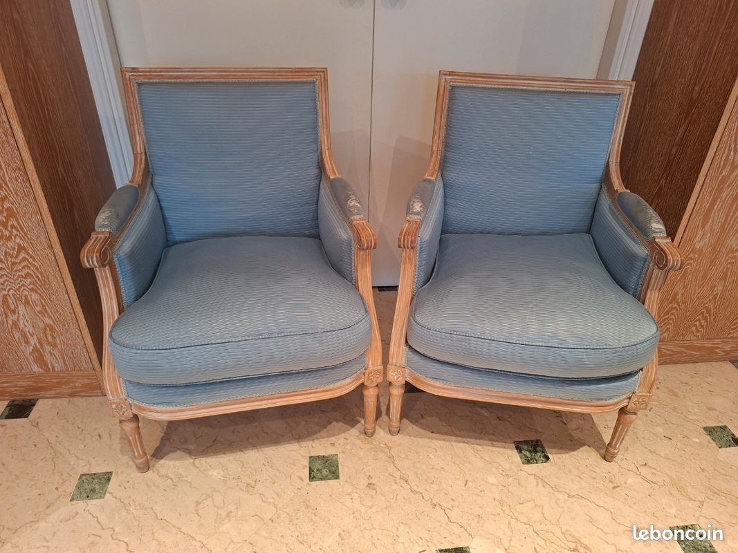 Paire de fauteuils Cabriolet Louis XVI- tissus bleu- coussin garniture plume (image 1)