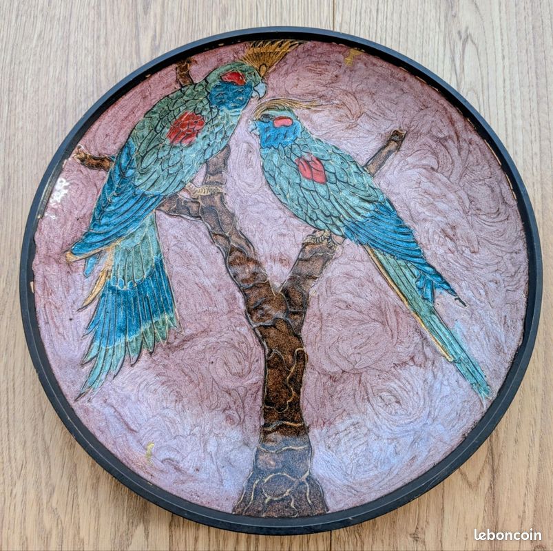 Assiette murale vintage émail cloisonné Perroquets (image 1)