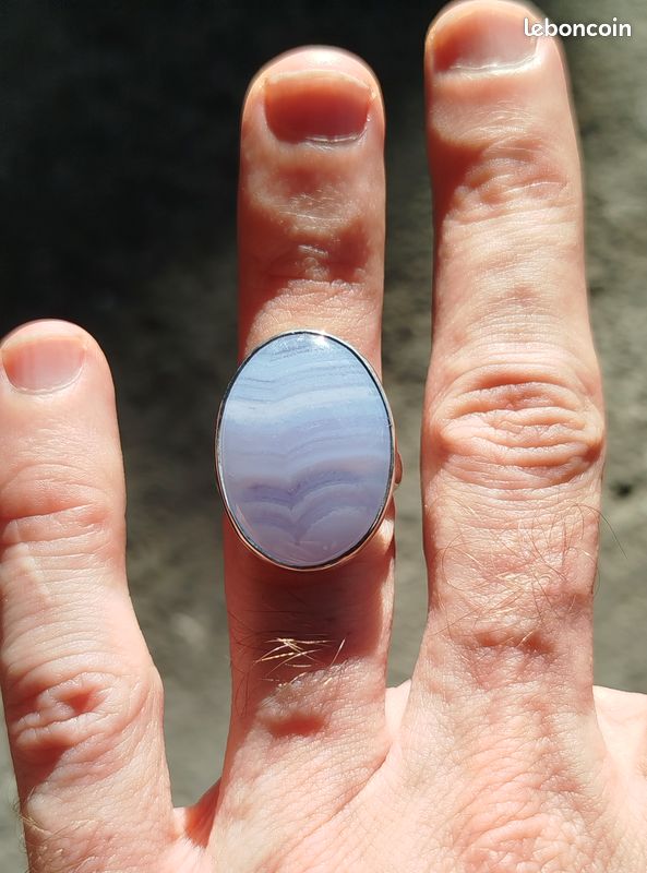 Bague En Argent 925 Avec Calcédoine Bleue Naturelle - Taille Ajustable