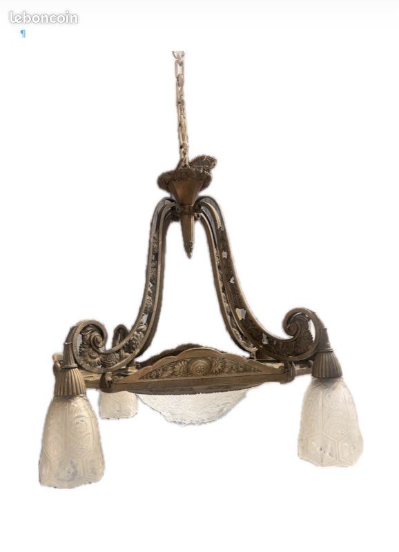 Rare lustre Art Déco ancien en bronze patiné et verre moulé – 5 feux – Excellent état (image 1)