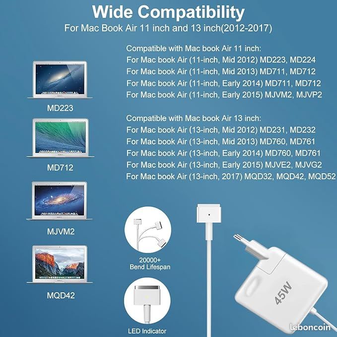Compatible A1465 Chargeur 45W T-Tip Pour MacBook Air 2012-2017 - Compatible A1435, A1466, Etc. Chargeur Mac Bookair
