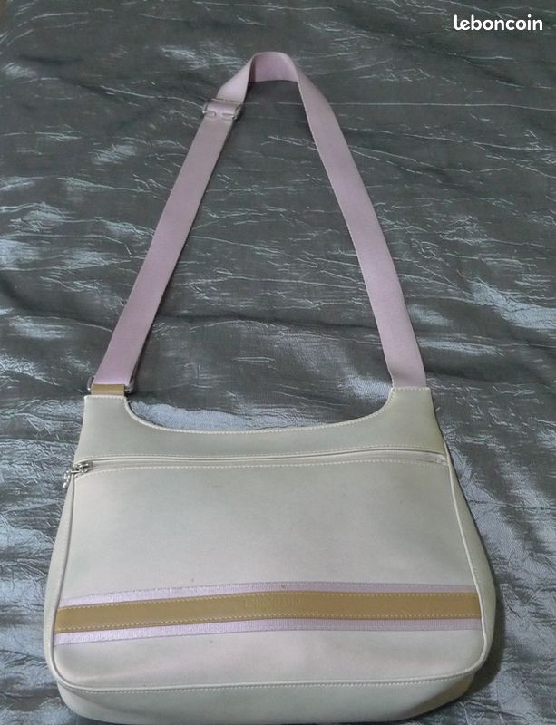 Sac bandoulière toile beige rose nacré marque Longchamp
