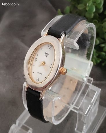 Bracelet Montre Femme LIP En Cuir Véritable Noir - Largeur 12mm, Bon état, Vintage