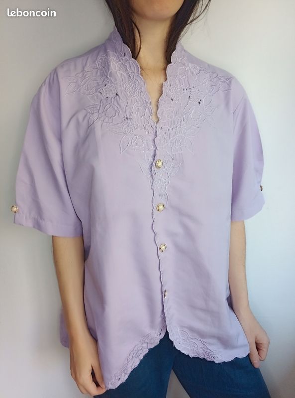 Chemisier violet broderie violet Lila vintage oversize cottagecore