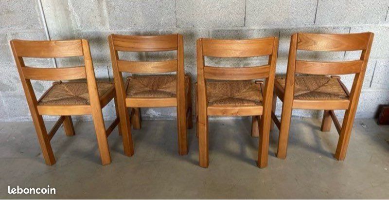 Ensemble quatre chaises vintage bois orme et paille design 1970 maison regain (image 2)