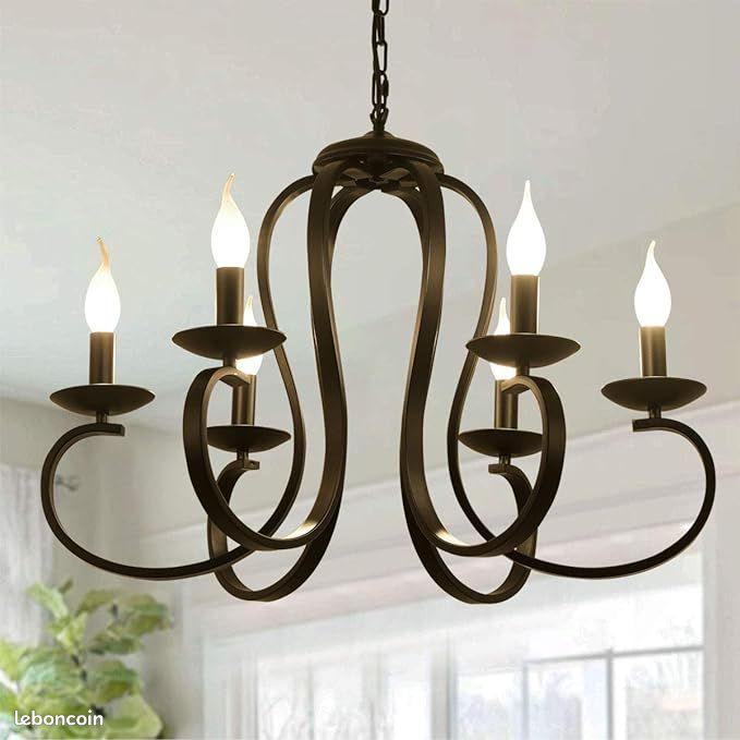 Ganeed 6 lumières lustres, éclairage de lustre en métal vintage français pays, suspension de style bougie avec finition noire pour ferme, salle à manger, îlot de cuisine, hall d'entrée [Classe énergé (image 1)