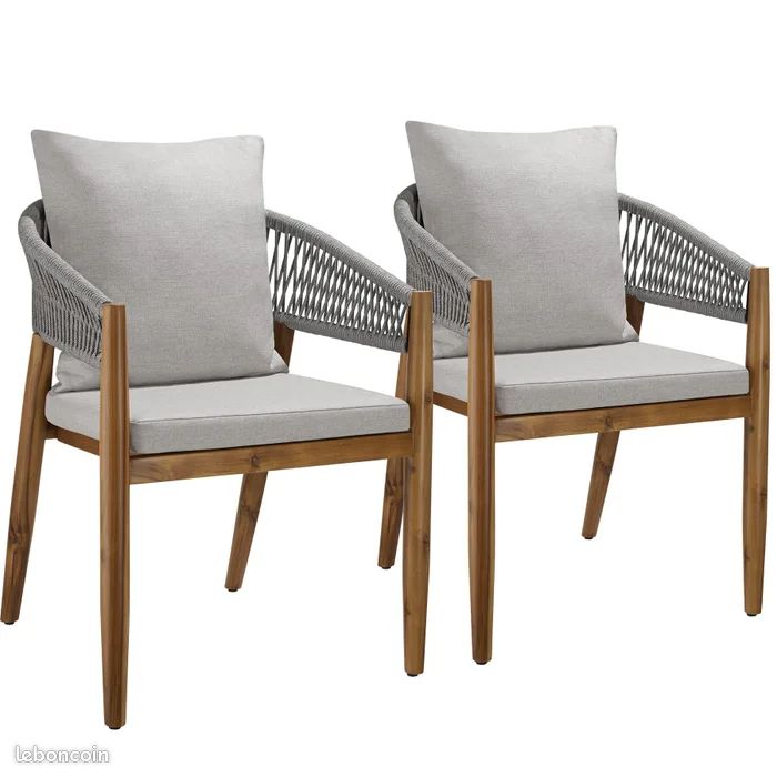 Lot de 2 chaises de jardin en bois d'acacia avec dossier corde - Grège (image 1)