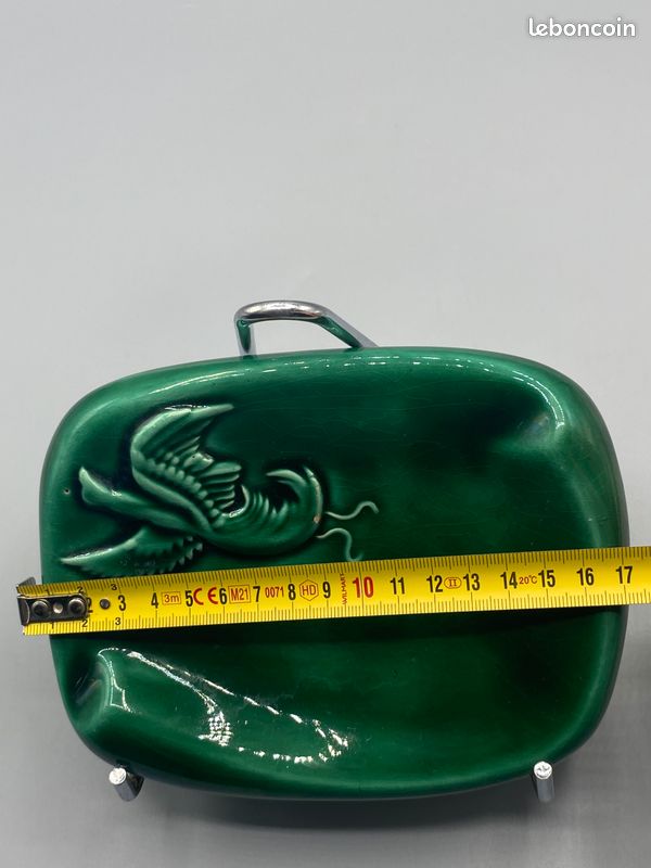Cendrier de salon Mid Century en céramique vert émeraude – Oiseau en relief – dans le goût de Vallauris (image 5)