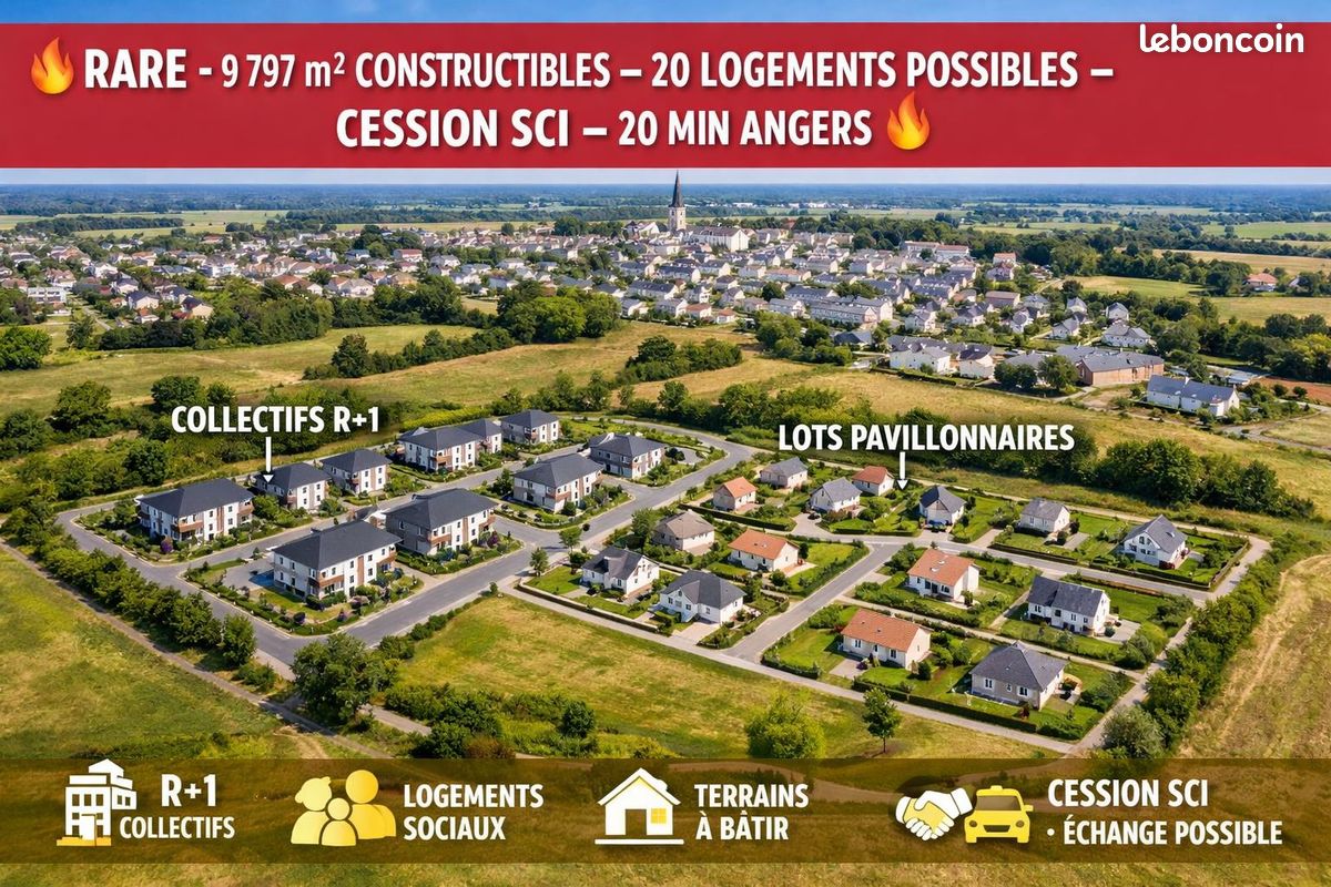 A VENDRE OU ECHANGE Terrain à fort potentiel – ~1 hectare constructible – A 20 MIN D' Angers