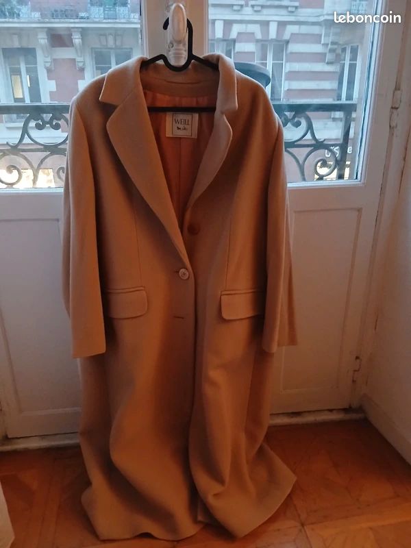 Veste Longue WEILL Taille 46 - Vert, Noir, Ocre Rayures, Avec écharpe, Très Bon état
