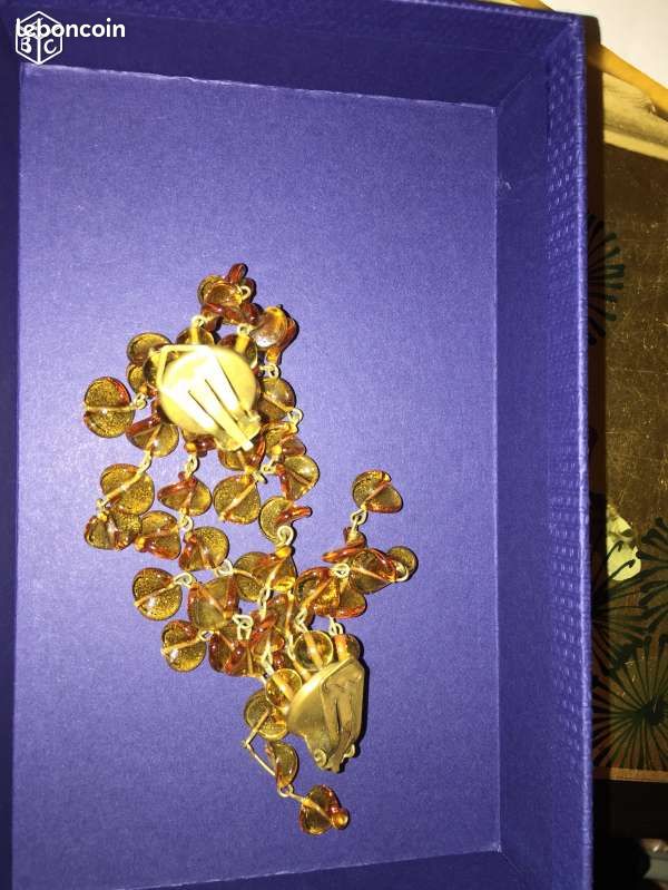 Boucles d'oreille Vintage perles couleur ambreClip (image 3)