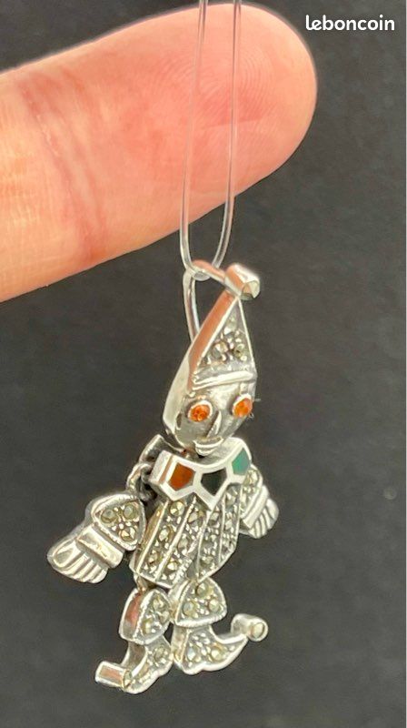 Collier En Argent 925 - Pendentif Arlequin Articulé Avec Rubis Et Marcassites - 54 Cm - Occasion