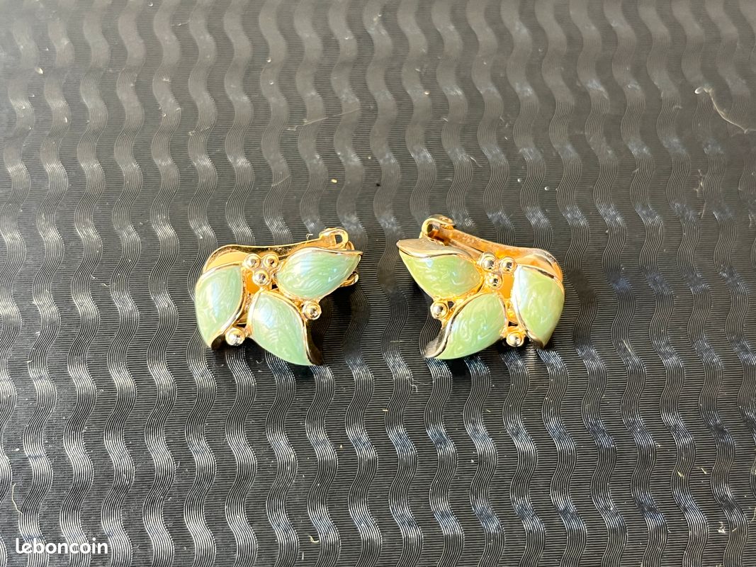 Boucles D'Oreilles Vintage Clips - Émaux Vert Sur Métal Argenté, Occasion