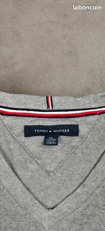 Sweat Tommy Hilfiger [XXL] 100% coton col V logo brodé homme pull gris #TH364 (image 4)
