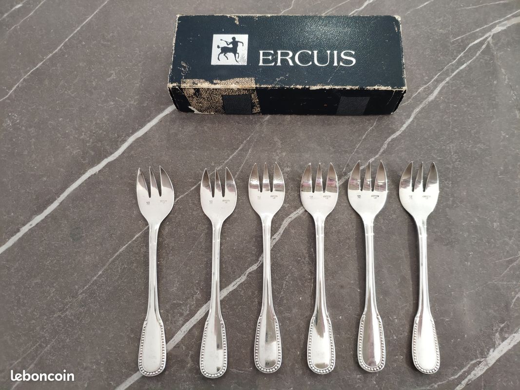 Magnifique Ensemble de 6 Fourchettes à huîtres ERCUIS modèle Perles Métal argenté de qualité Excellent état, comme neuves - Arts de la table