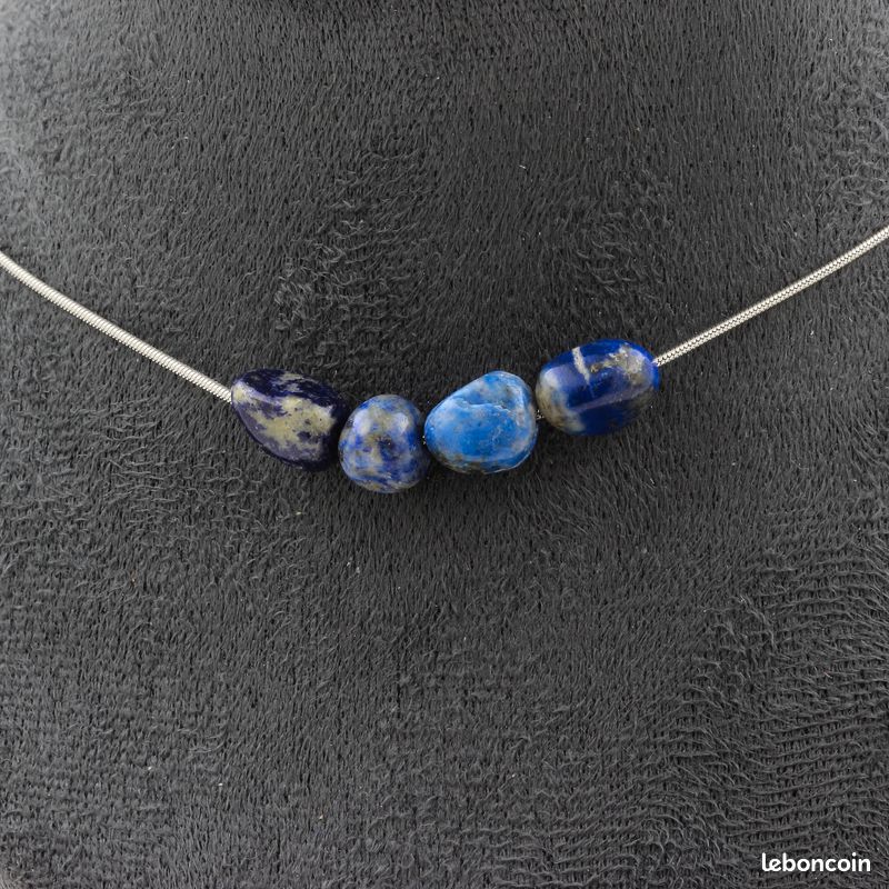 Collier 4 perles Lapis Lazuli du Pakistan chaine en acier inoxydable (image 1)