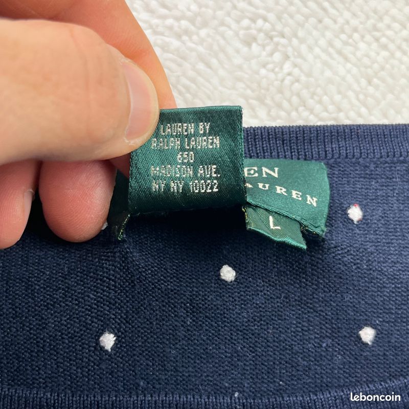 484 Lauren Ralph Lauren Pull Pois Marine Manches Longues Taille L (image 3)
